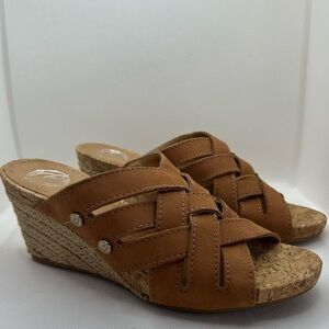 Nurture woven leather sandals w/ cork-like sole slip-on mule w/sm wedge heel.